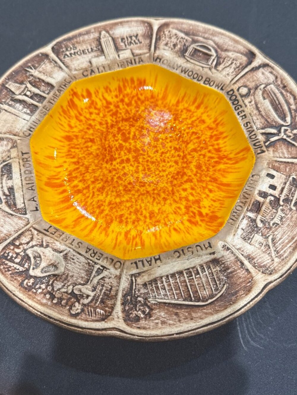 Vintage TREASURE CRAFT California Souvenir Ashtray Red Orange Ceramic Center 8"